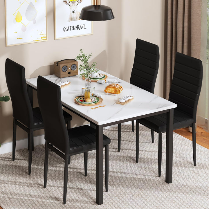 Lamerge Kitchen Tables Set for 4, Dining Faux Marble Top Table and 4 PU Leather Chairs, 5 Pieces Dining Room Table Set for Small Space, Breakfast Nook and Apartment,White+beige,Dining Table024