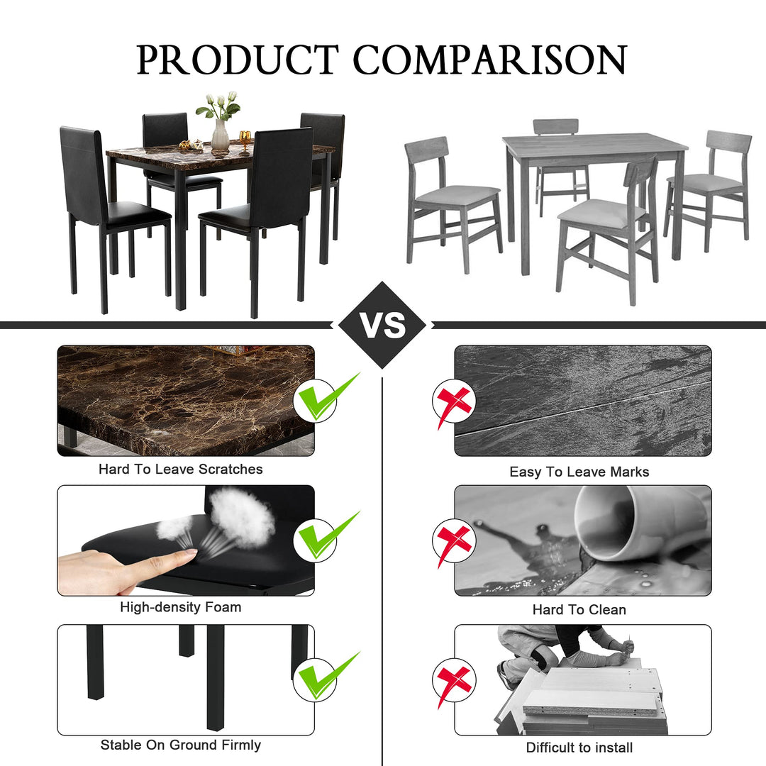 Hooseng 5 Piece Faux Marble Dining Table Set, Table and Chairs Set for 4, Dining Table Set for 4, Kitchen Table and Chair Set Perfect for Small Space, Bar, Kitchen, Breakfast Nook, Living Room, Black