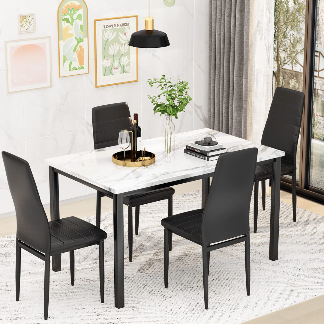 Lamerge Kitchen Tables Set for 4, Dining Faux Marble Top Table and 4 PU Leather Chairs, 5 Pieces Dining Room Table Set for Small Space, Breakfast Nook and Apartment,White+beige,Dining Table024