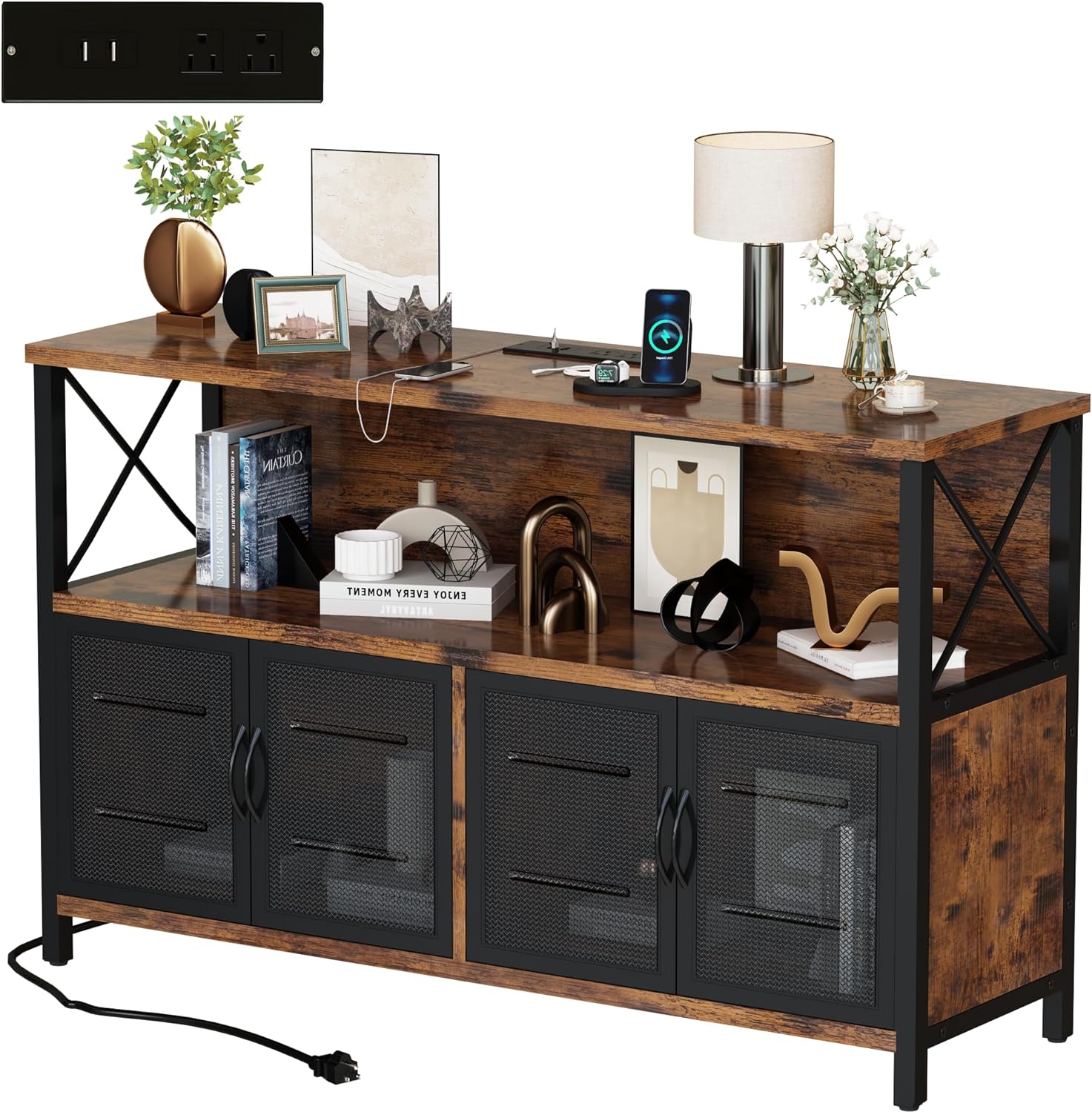 Lamerge Vintage Farmhouse Kitchen Storage Cabinet - Freestanding Buffet With Power Outlets & USB Ports - View #2