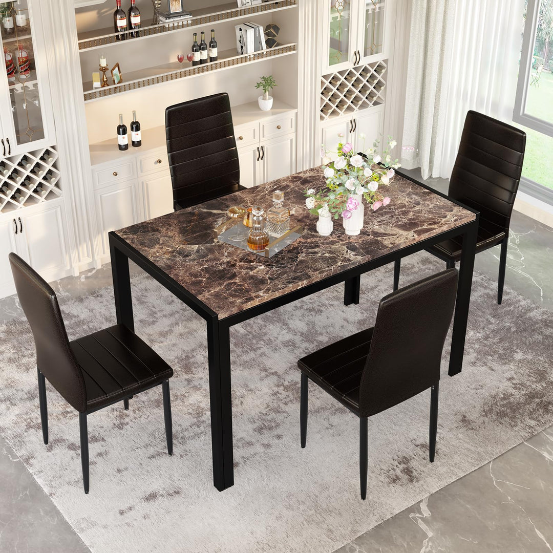Hooseng 7-Piece Dining Table Set with Faux Marble Table top with 6 PU Leather Chairs