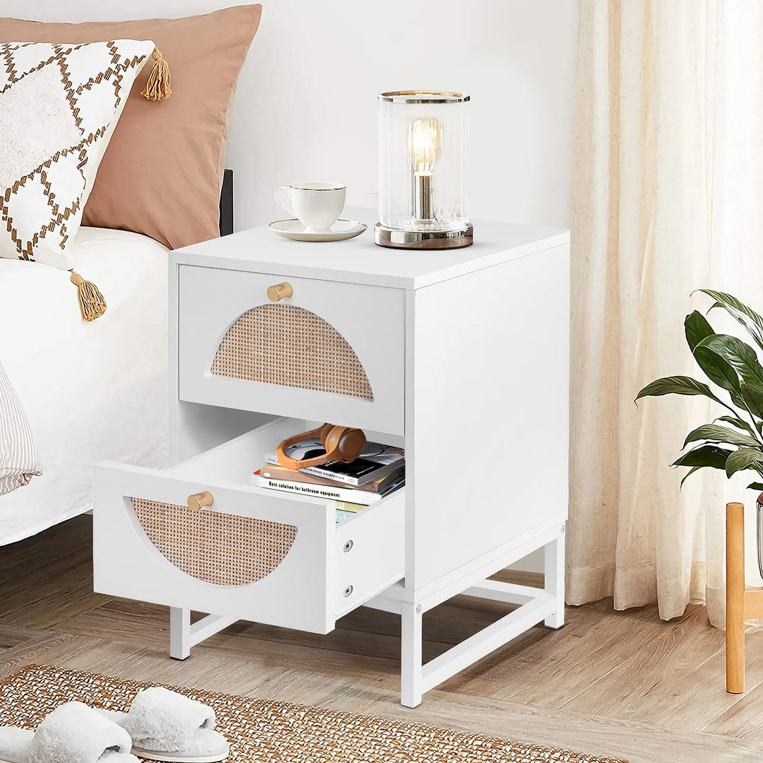 Lamerge Rattan Nightstand Set of 2, Wooden End Table, Modern Side Table with 2 Storage Drawer, Accent Table for Living Room, Bedroom and Small Spaces, Black