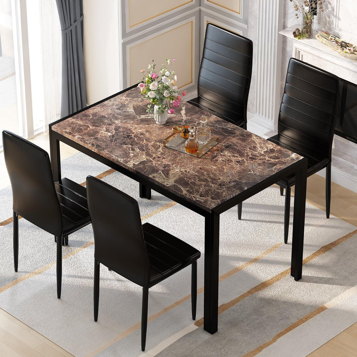 Hooseng 7-Piece Dining Table Set with Faux Marble Table top with 6 PU Leather Chairs