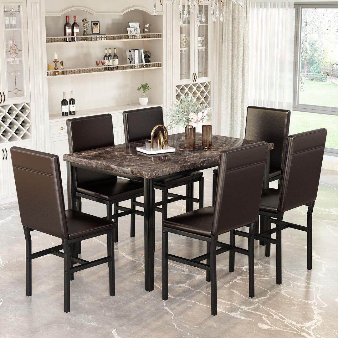 Hooseng 7-Piece Dining Table Set with Faux Marble Table top with 6 PU Leather Chairs