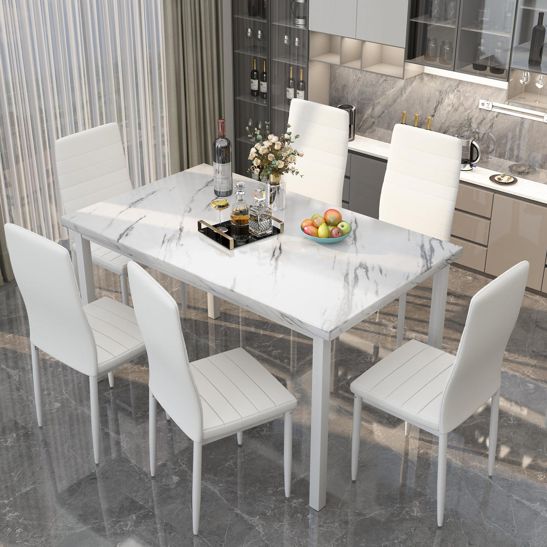 Hooseng 7-Piece Dining Table Set with Faux Marble Table top with 6 PU Leather Chairs