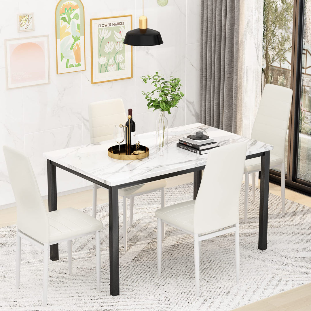 Lamerge Kitchen Tables Set for 4, Dining Faux Marble Top Table and 4 PU Leather Chairs, 5 Pieces Dining Room Table Set for Small Space, Breakfast Nook and Apartment,White+beige,Dining Table024