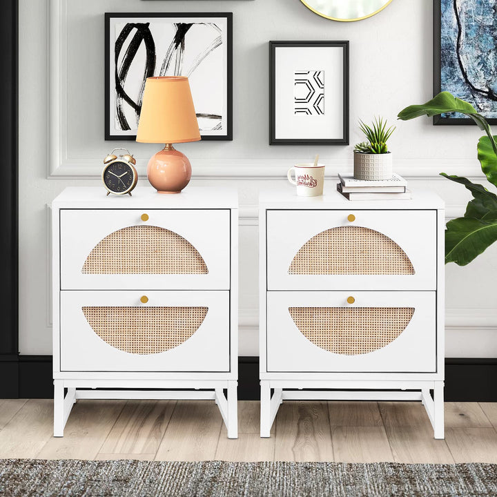 Lamerge Rattan Nightstand Set of 2, Wooden End Table, Modern Side Table with 2 Storage Drawer, Accent Table for Living Room, Bedroom and Small Spaces, Black