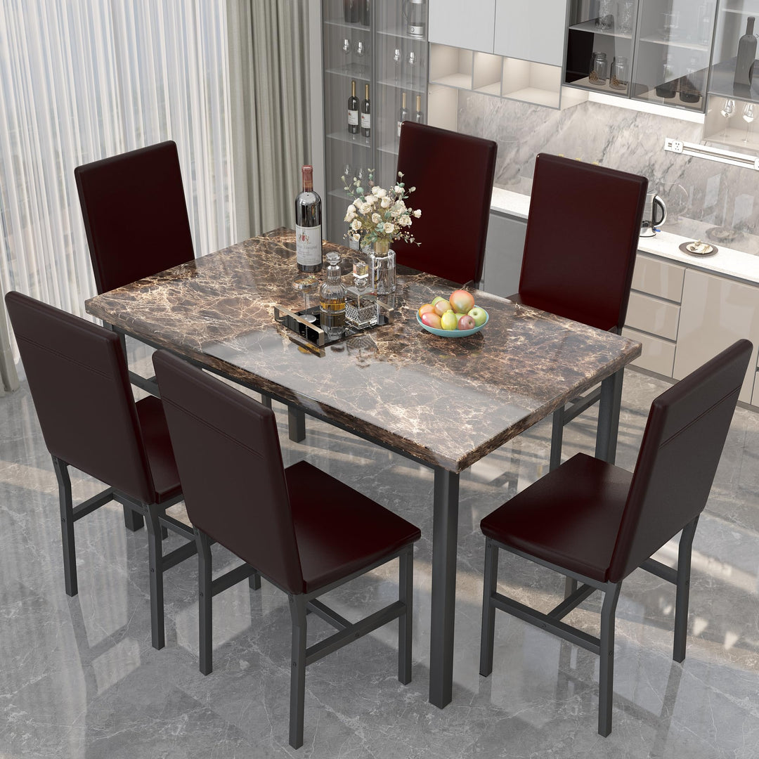 Hooseng 7-Piece Dining Table Set with Faux Marble Table top with 6 PU Leather Chairs