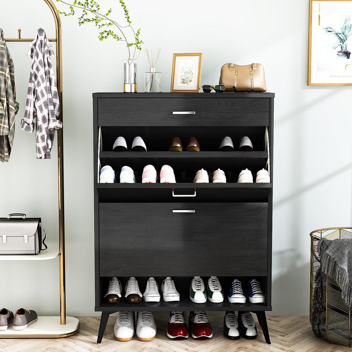 Lamerge Shoe Storage Cabinet for Entryway, Free Standing Shoe Organizer with 2 Flip Drawers,Hidden Shoe Rack Storage Organizer for Doorway Hallway, Black
