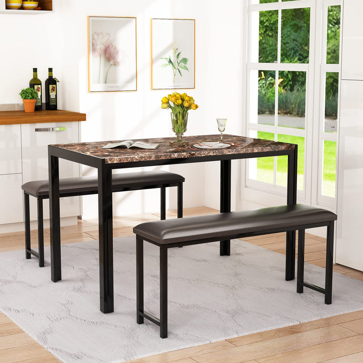 Lamerge Kitchen Tables Set for 4, Dining Faux Marble Top Table and 4 PU Leather Chairs, 5 Pieces Dining Room Table Set for Small Space, Breakfast Nook and Apartment,White+beige,Dining Table024