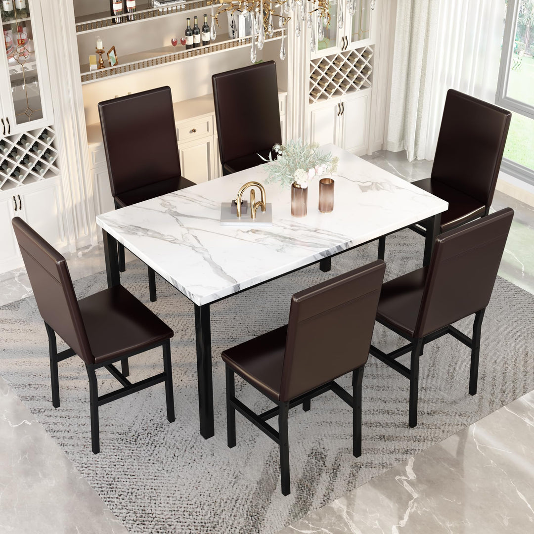 Hooseng 7-Piece Dining Table Set with Faux Marble Table top with 6 PU Leather Chairs
