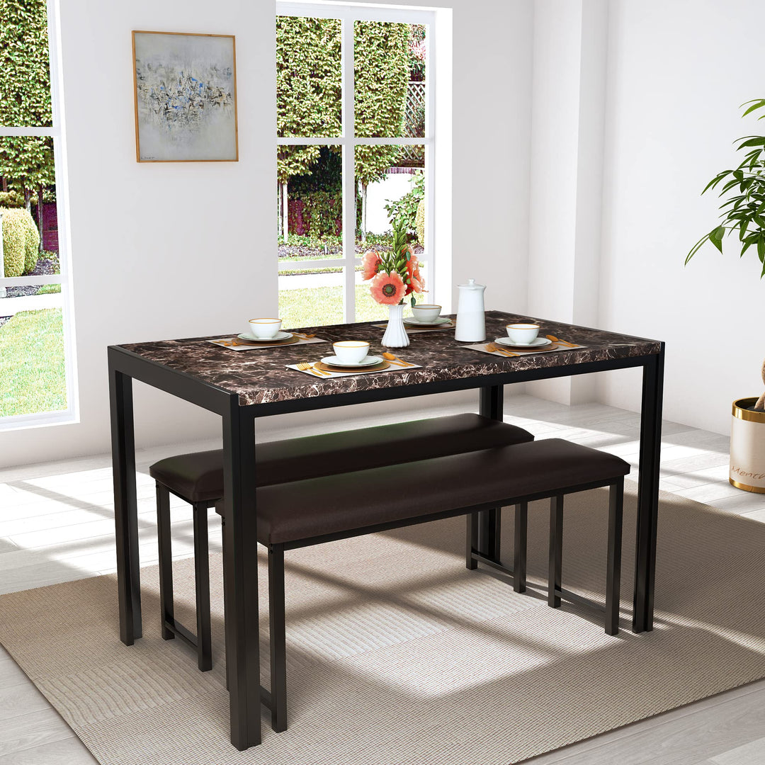 Lamerge Kitchen Tables Set for 4, Dining Faux Marble Top Table and 4 PU Leather Chairs, 5 Pieces Dining Room Table Set for Small Space, Breakfast Nook and Apartment,White+beige,Dining Table024