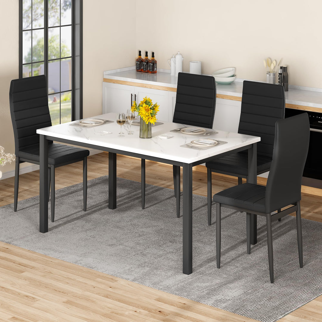 Lamerge Kitchen Tables Set for 4, Dining Faux Marble Top Table and 4 PU Leather Chairs, 5 Pieces Dining Room Table Set for Small Space, Breakfast Nook and Apartment,White+beige,Dining Table024