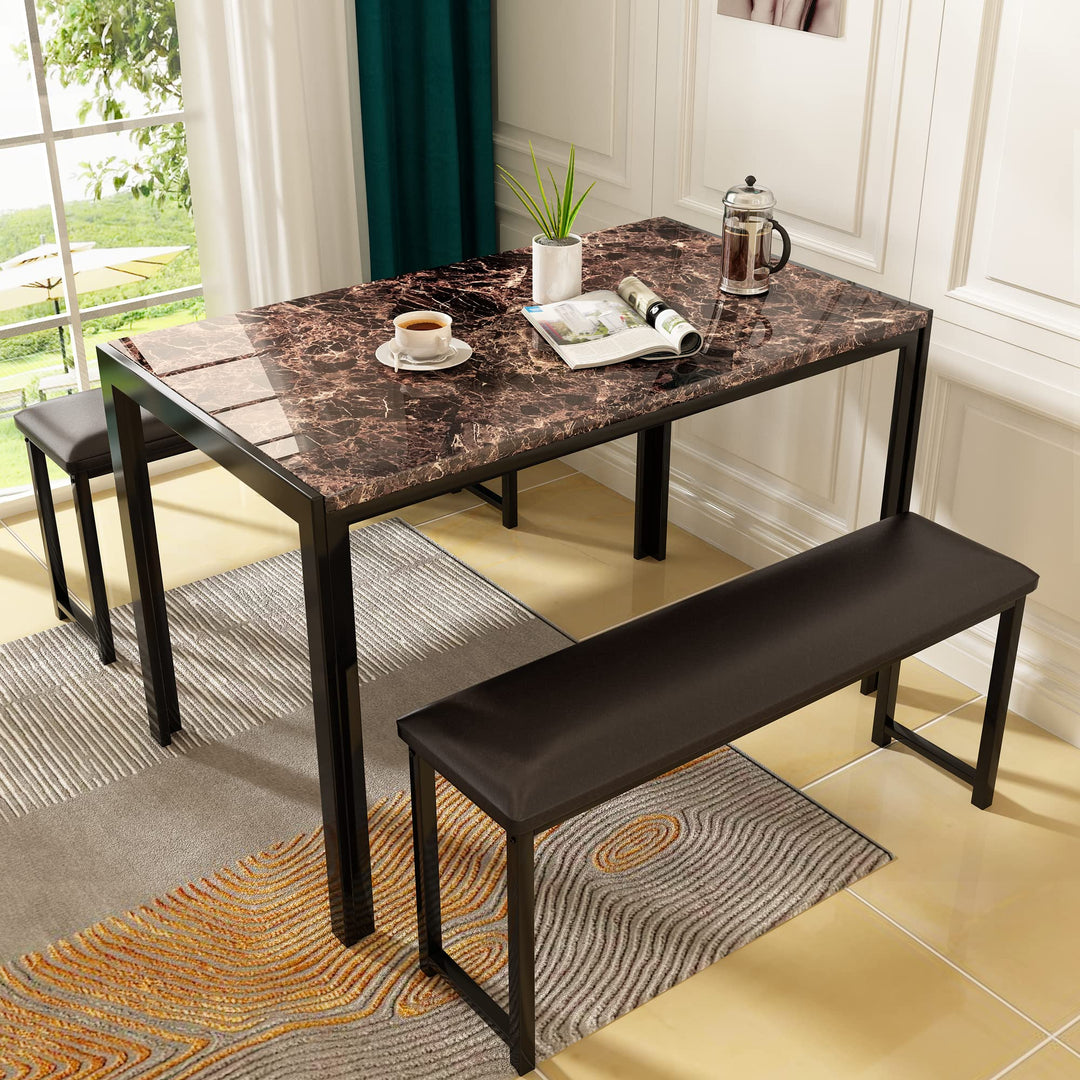 Lamerge Kitchen Tables Set for 4, Dining Faux Marble Top Table and 4 PU Leather Chairs, 5 Pieces Dining Room Table Set for Small Space, Breakfast Nook and Apartment,White+beige,Dining Table024