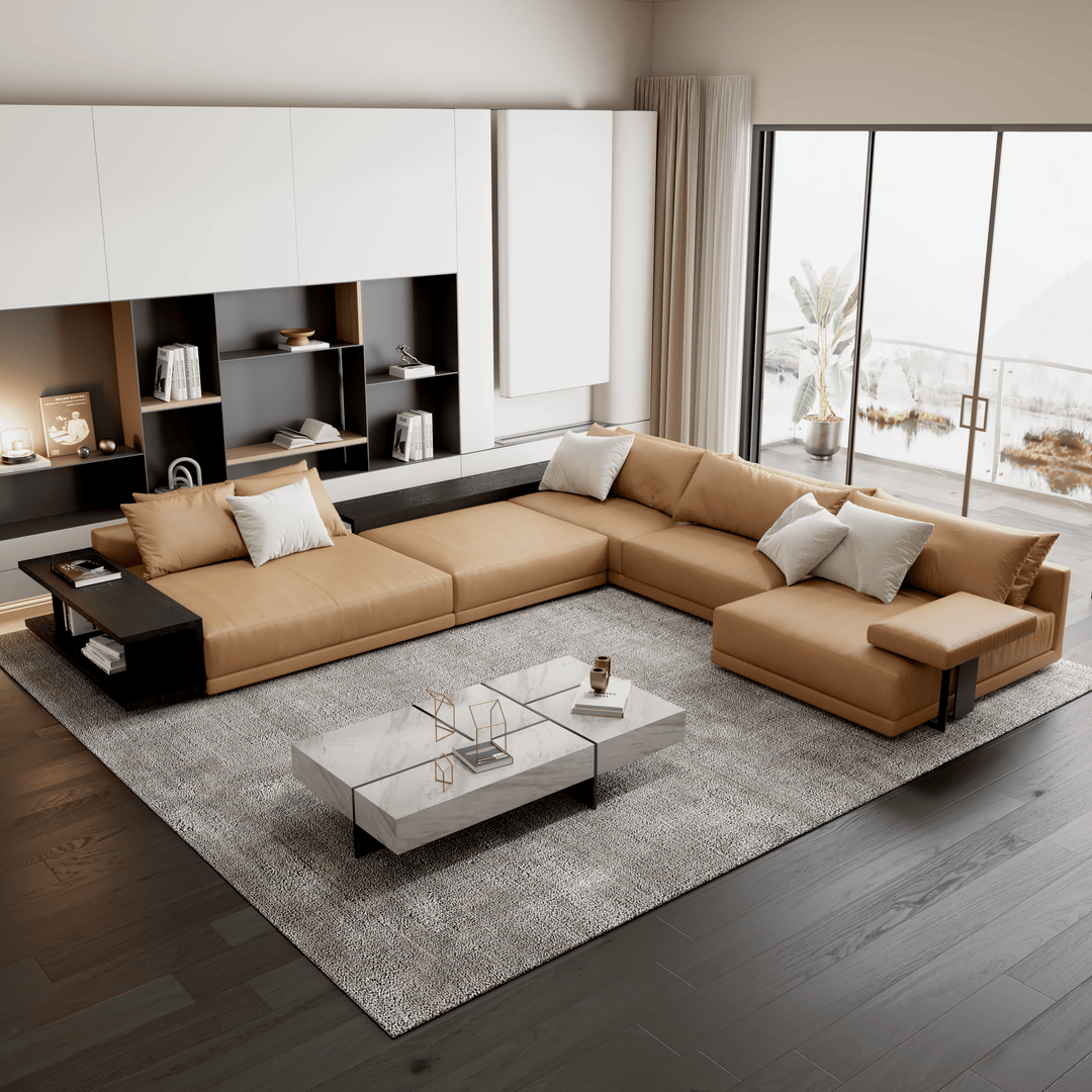 Rottnest Italian Leather L-Shaped Sectional with End Tables