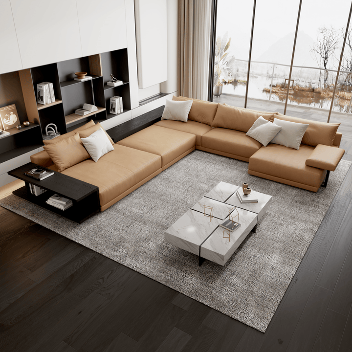 Rottnest Italian Leather L-Shaped Sectional with End Tables