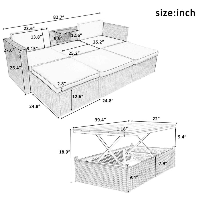 Irta 5-Piece Wicker Patio Dining Sofa Set with Lift Top Coffee Table