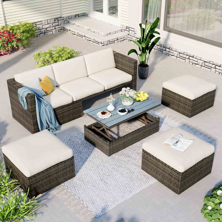 Irta 5-Piece Wicker Patio Dining Sofa Set with Lift Top Coffee Table