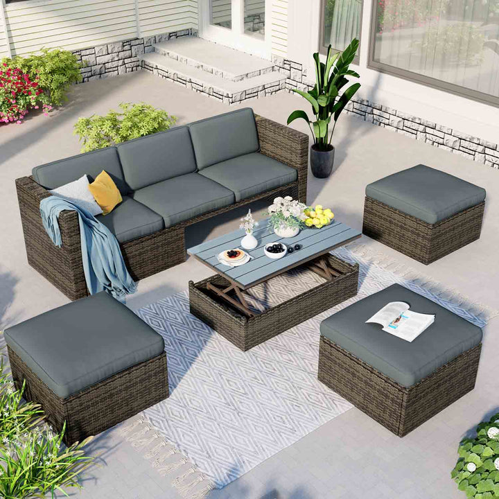 Irta 5-Piece Wicker Patio Dining Sofa Set with Lift Top Coffee Table