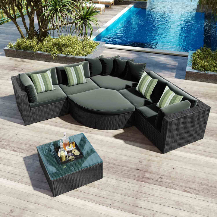 Irta Outdoor Wicker Sofa Set With Striped Green Pillows