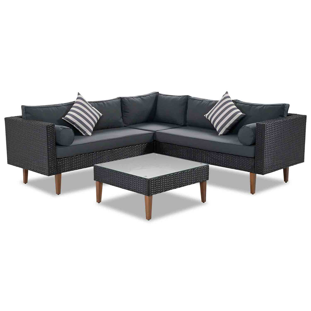 Irta Black Rattan Outdoor L-shape Sofa Set with Gray Cushions