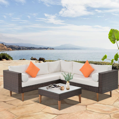 Irta Rattan Outdoor L-shape Sectional Set with Square Glass Table