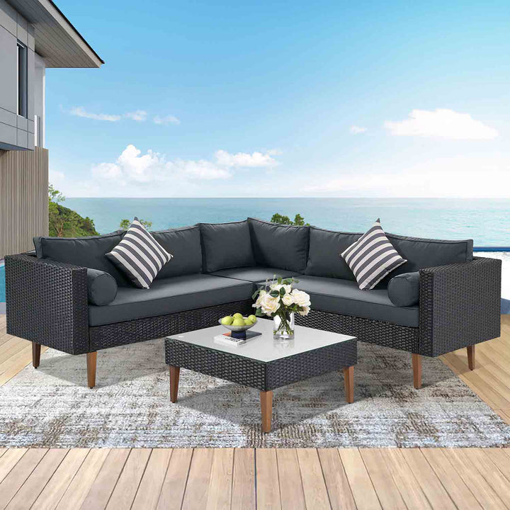 Irta Rattan Outdoor L-shape Sectional Set with Square Glass Table