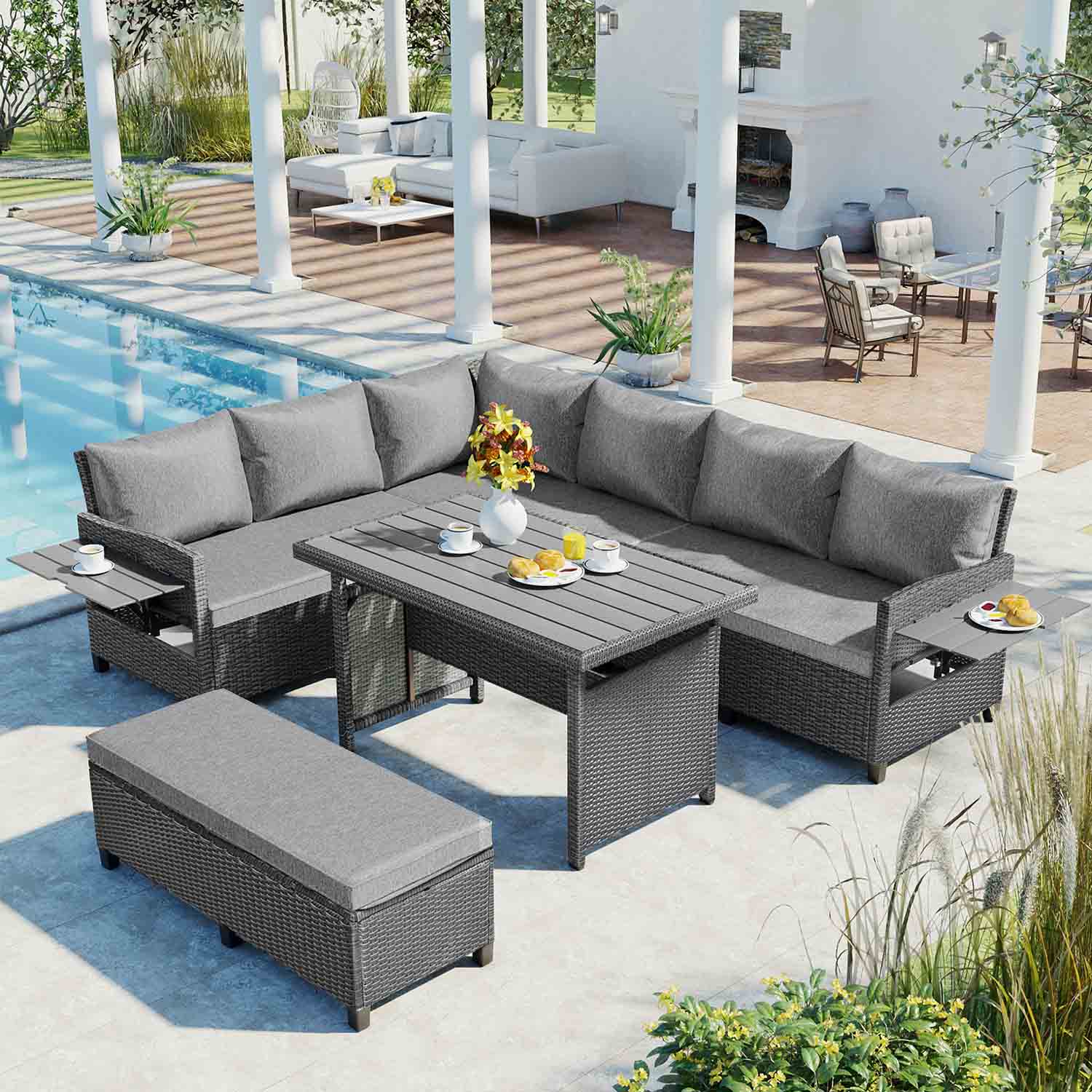 Irta 7 Seater Rattan Dining Sofa Set with Extendable Side Tables