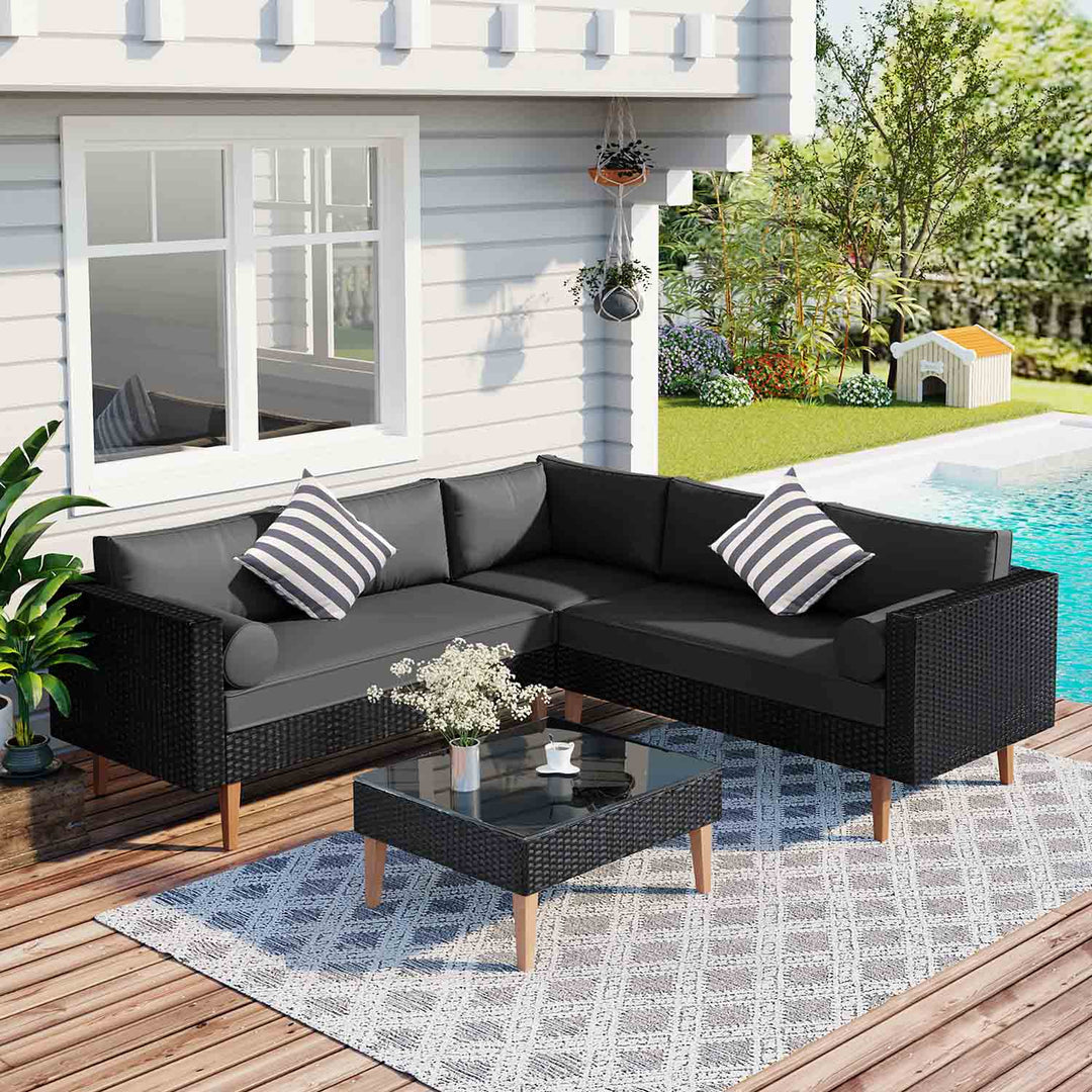 Irta Black Rattan Outdoor L-shape Sofa Set with Gray Cushions