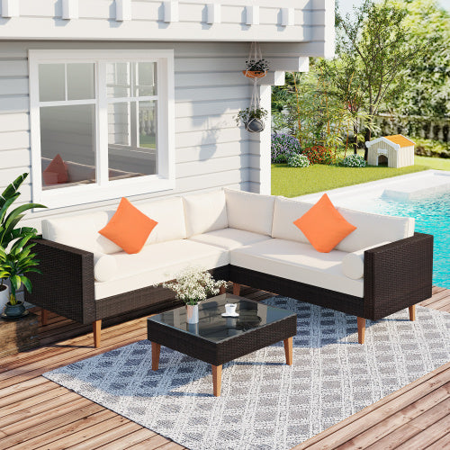 Irta Rattan Outdoor L-shape Sectional Set with Square Glass Table
