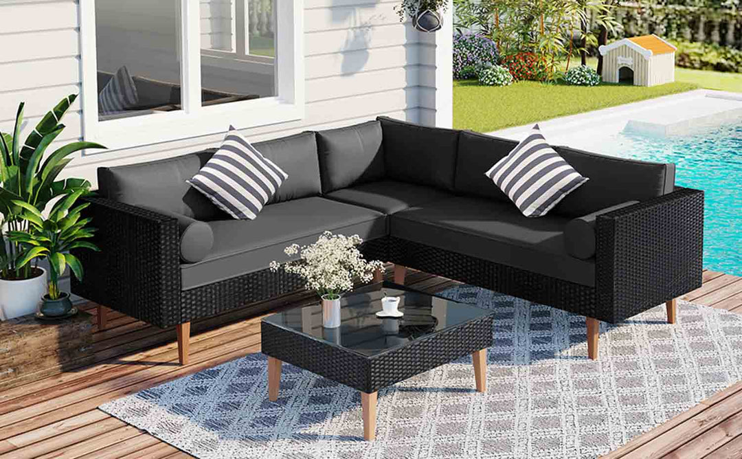 Irta Rattan Outdoor L-shape Sectional Set with Square Glass Table