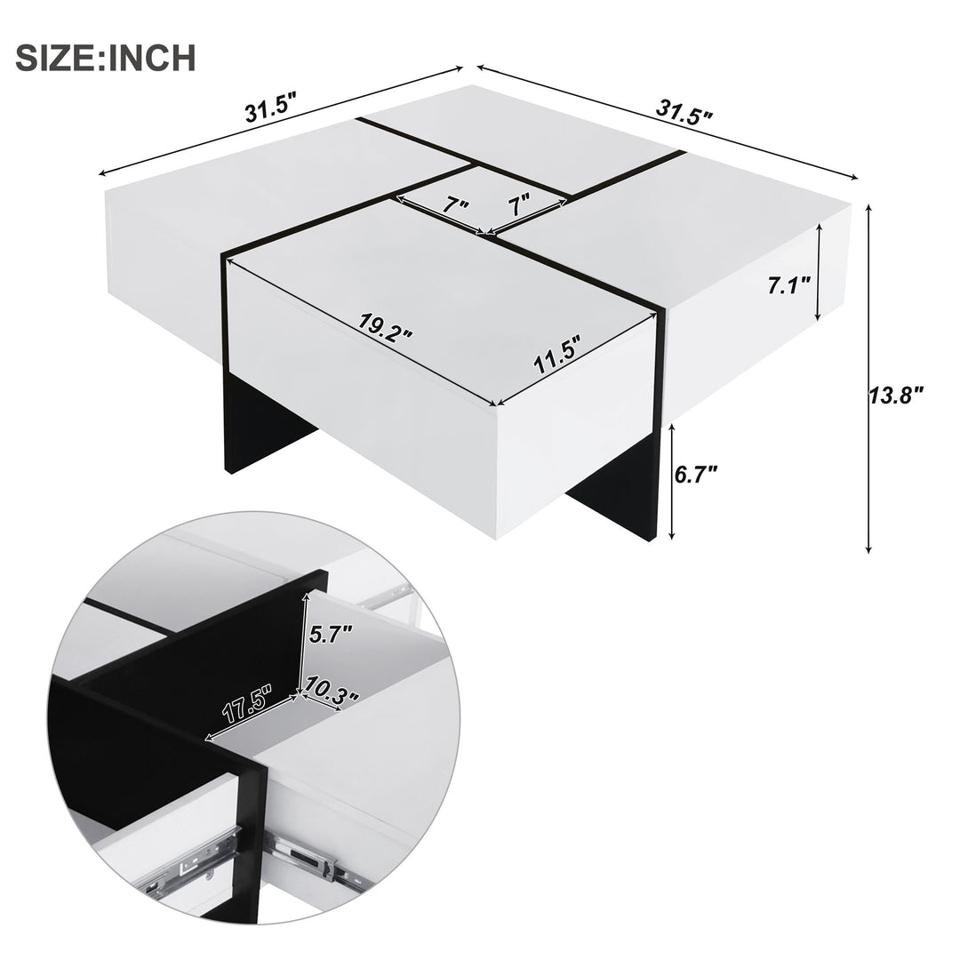 Hooseng Unique Design Coffee Table with 4 Hidden Storage Compartments, Square Cocktail Table with Extendable Sliding Tabletop, UV High-gloss Design Center Table for Living Room, 31.5"x 31.5"