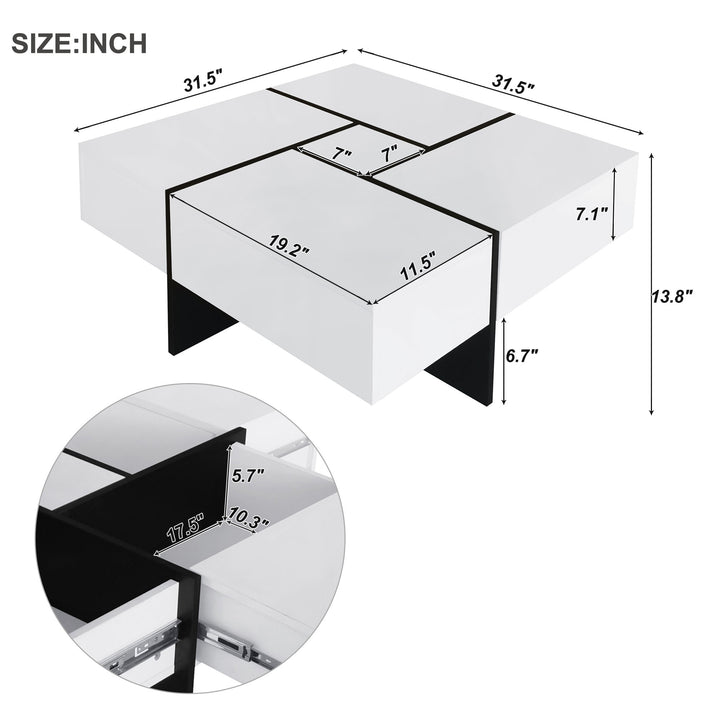 Hooseng Unique Design Coffee Table with 4 Hidden Storage Compartments, Square Cocktail Table with Extendable Sliding Tabletop, UV High-gloss Design Center Table for Living Room, 31.5"x 31.5"
