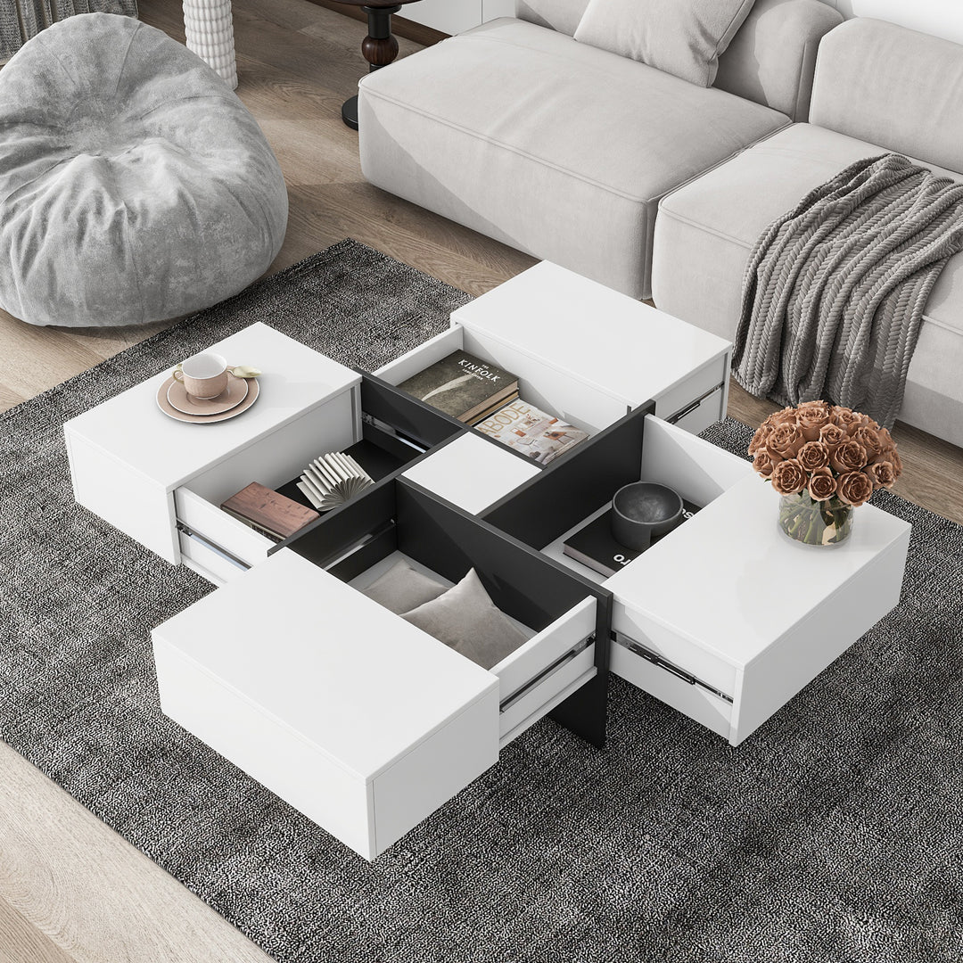 Hooseng Unique Design Coffee Table with 4 Hidden Storage Compartments, Square Cocktail Table with Extendable Sliding Tabletop, UV High-gloss Design Center Table for Living Room, 31.5"x 31.5"