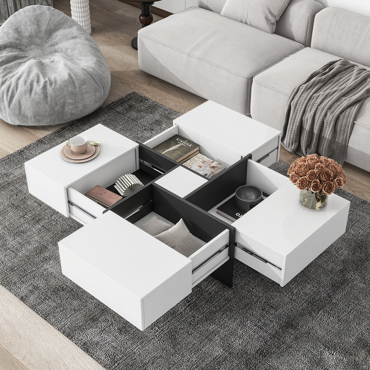 Hooseng Unique Design Coffee Table with 4 Hidden Storage Compartments, Square Cocktail Table with Extendable Sliding Tabletop, UV High-gloss Design Center Table for Living Room, 31.5"x 31.5"