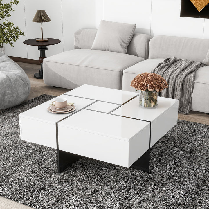 Hooseng Unique Design Coffee Table with 4 Hidden Storage Compartments, Square Cocktail Table with Extendable Sliding Tabletop, UV High-gloss Design Center Table for Living Room, 31.5"x 31.5"
