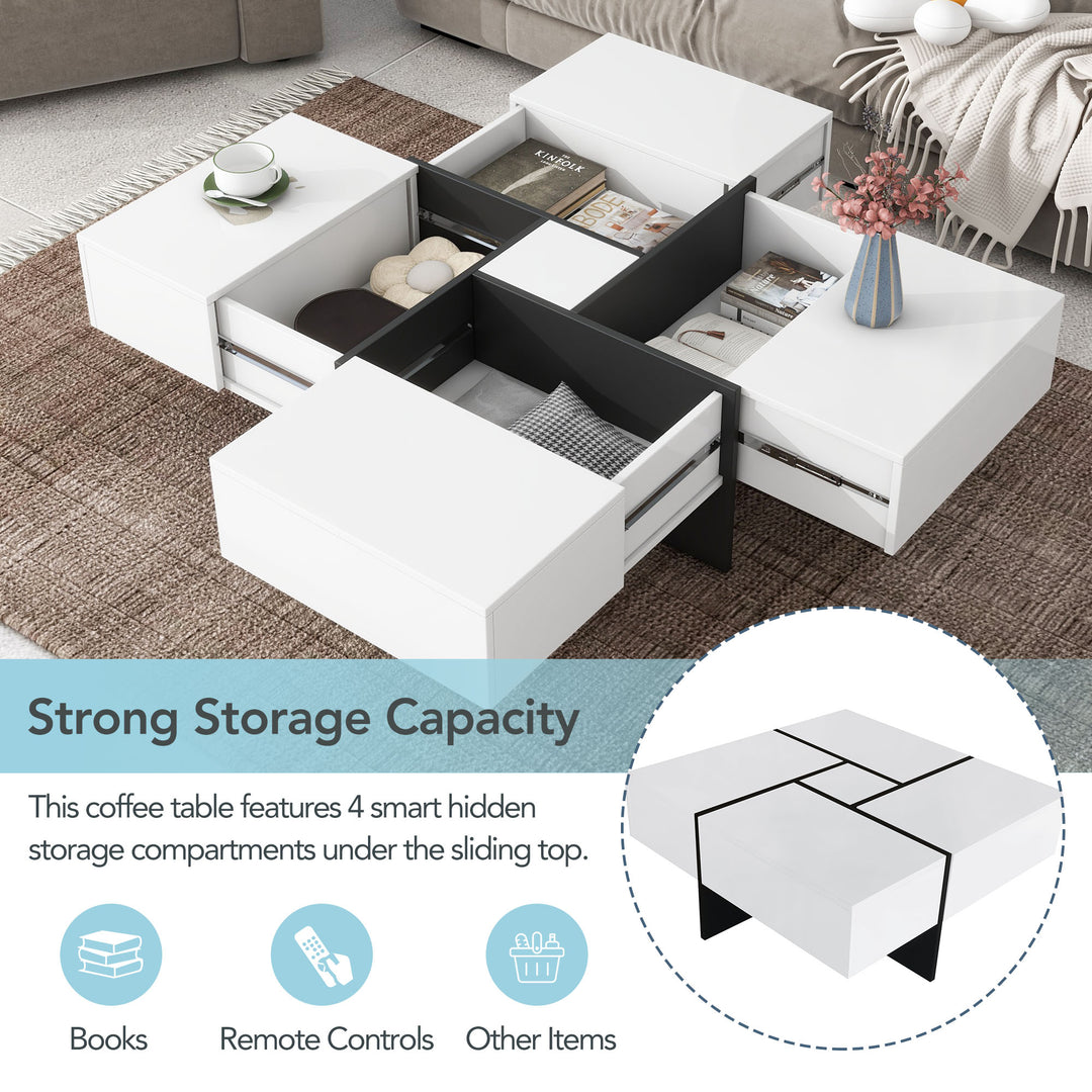 Hooseng Unique Design Coffee Table with 4 Hidden Storage Compartments, Square Cocktail Table with Extendable Sliding Tabletop, UV High-gloss Design Center Table for Living Room, 31.5"x 31.5"