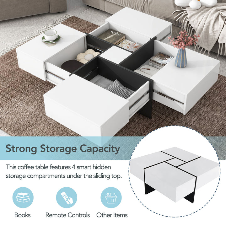 Hooseng Unique Design Coffee Table with 4 Hidden Storage Compartments, Square Cocktail Table with Extendable Sliding Tabletop, UV High-gloss Design Center Table for Living Room, 31.5"x 31.5"