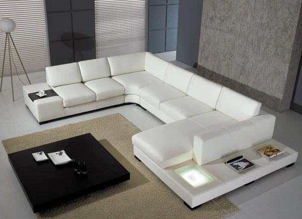 Ghita White Bonded Leather Sectional Luxury Sofa with Dide Deck LED Light
