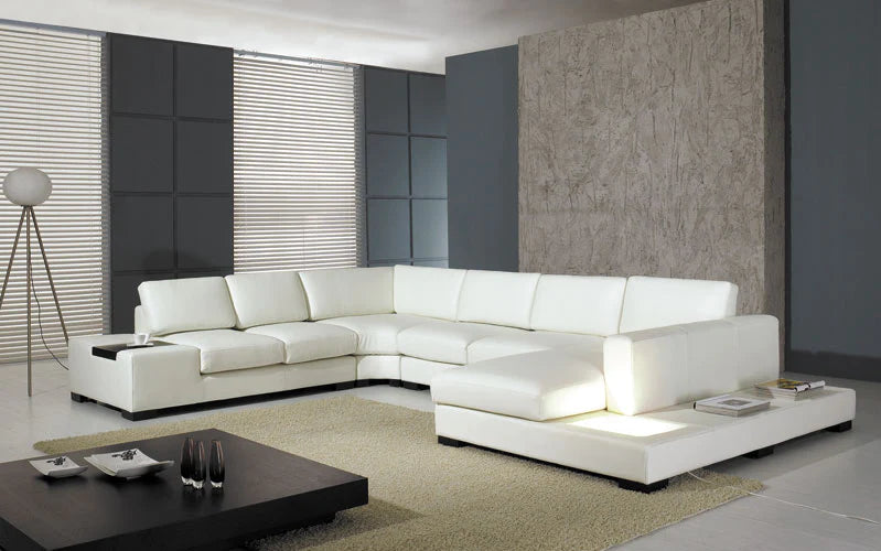 Modern White Bonded Leather Sectional with Dide Deck LED Light