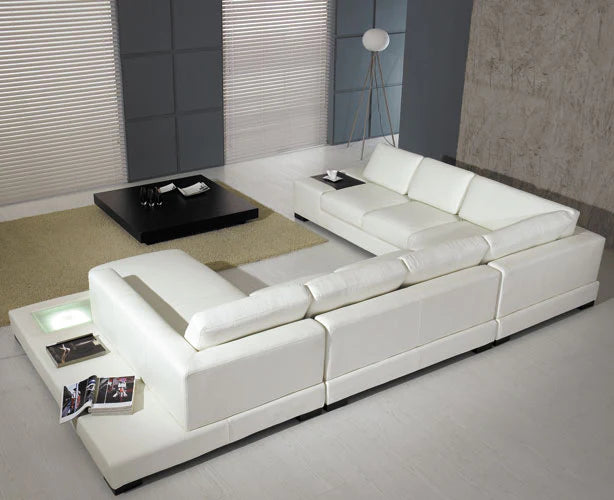 Modern White Bonded Leather Sectional with Dide Deck LED Light