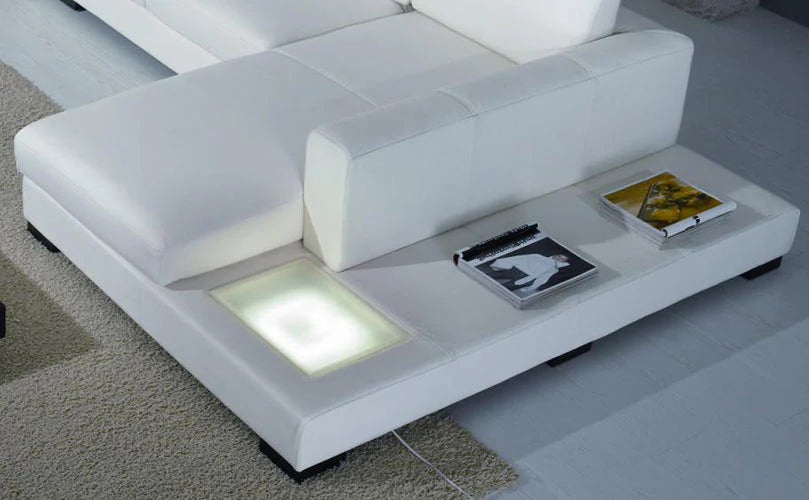 Modern White Bonded Leather Sectional with Dide Deck LED Light