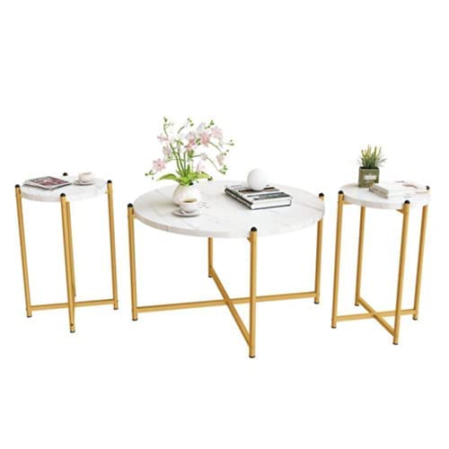 Hooseng 3 Piece Coffee Table Set for Living Room, Include Coffee Table & 2pcs Side Table, Living Room Table Set with Faux Marble Tabletop and Metal Frame for Apartment, Small Space
