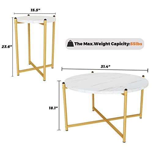 Hooseng 3 Piece Coffee Table Set for Living Room, Include Coffee Table & 2pcs Side Table, Living Room Table Set with Faux Marble Tabletop and Metal Frame for Apartment, Small Space