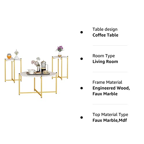 Hooseng 3 Piece Coffee Table Set for Living Room, Include Coffee Table & 2pcs Side Table, Living Room Table Set with Faux Marble Tabletop and Metal Frame for Apartment, Small Space