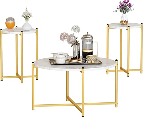 Hooseng 3 Piece Coffee Table Set for Living Room, Include Coffee Table & 2pcs Side Table, Living Room Table Set with Faux Marble Tabletop and Metal Frame for Apartment, Small Space