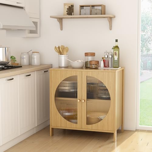 Lamerge Kitchen Buffet Storage Cabinets, Boho Sideboard Cabinets with 4 Glass Decorated Doors, Accent Cupboard Console Cabinets, Liquor Cabinet for Living Room/Hallway, Oak