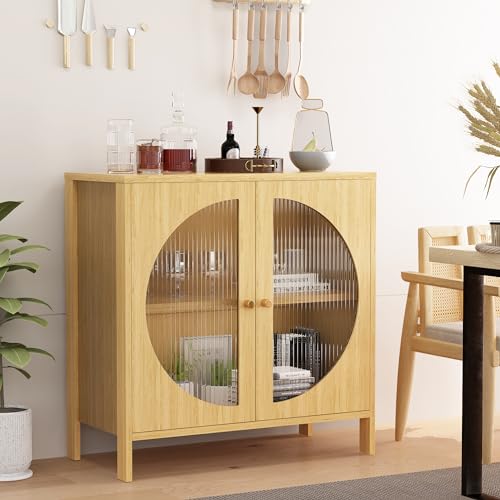 Lamerge Kitchen Buffet Storage Cabinets, Boho Sideboard Cabinets with 4 Glass Decorated Doors, Accent Cupboard Console Cabinets, Liquor Cabinet for Living Room/Hallway, Oak
