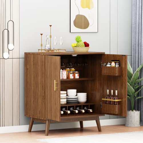 Lamerge Wine Bar Cabinet with Storage, Liquor Cabinet Kitchen Storage Cabinet with Wine Rack and Glass Holder, Sideboard Buffet Cabinet for Home Coffee Bar, Natural
