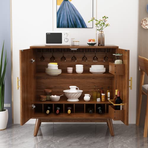 Lamerge Wine Bar Cabinet with Storage, Liquor Cabinet Kitchen Storage Cabinet with Wine Rack and Glass Holder, Sideboard Buffet Cabinet for Home Coffee Bar, Natural